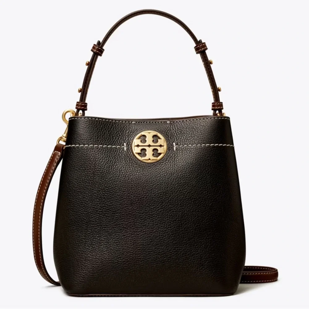 Tory Burch Black Leather Bucket Shoulder Bag with Gold Logo